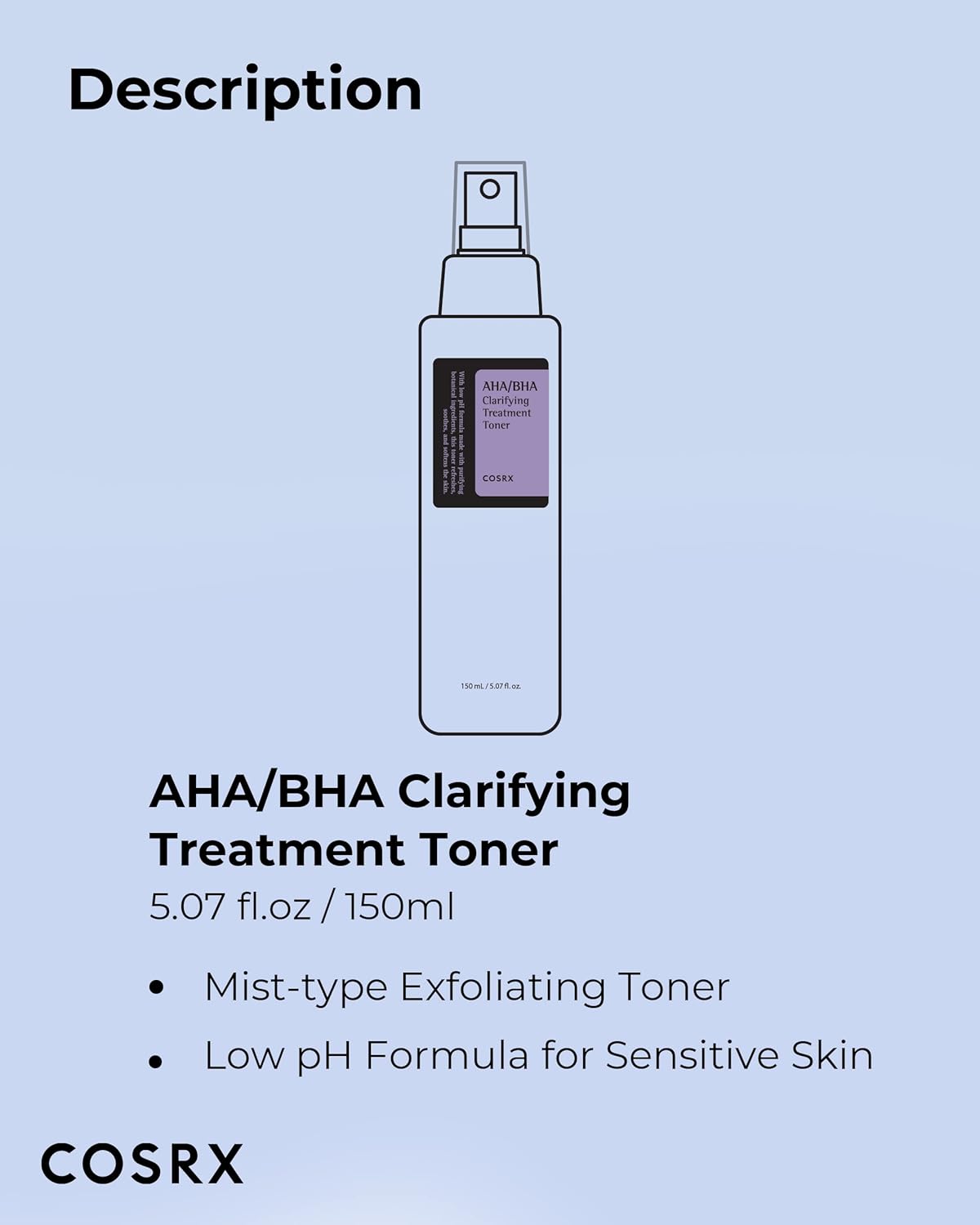 COSRX AHA/BHA Treatment Toner 5.07 fl.oz/ 150ml, Facial Exfoliating Spray for Whiteheads, Pores, & Uneven Skin, Korean Toner, Not Tested on Animals, No Parabens, No Sulfates, Korean Skin Care